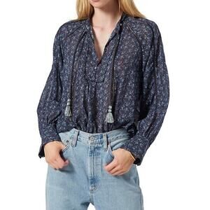 Joie Dracha Tie Neck 100% Cotton Blouse Blue Women's Size S / XS NWT